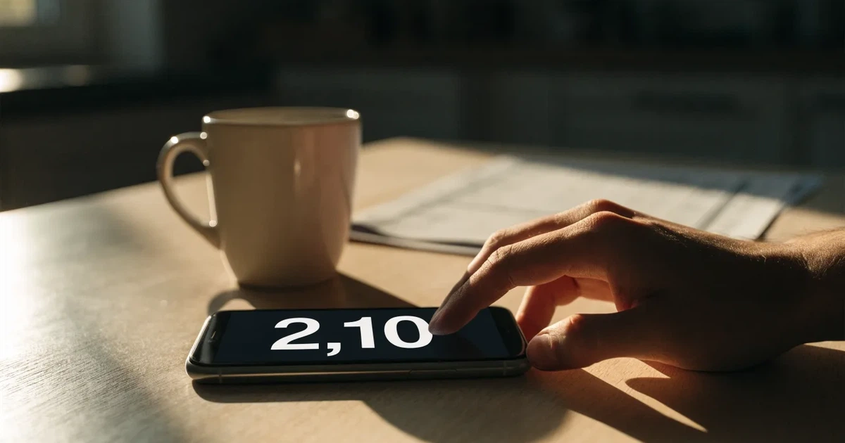 Ein Daumen schwebt über einem Smartphone mit dunklem Display, das auf einem Küchentisch neben einer Tasse liegt.