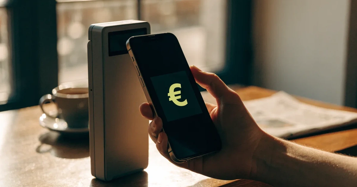 Eine Hand hält ein Smartphone dicht an ein Kartenlesegerät ohne erkennbare Beschriftung in einem Café.