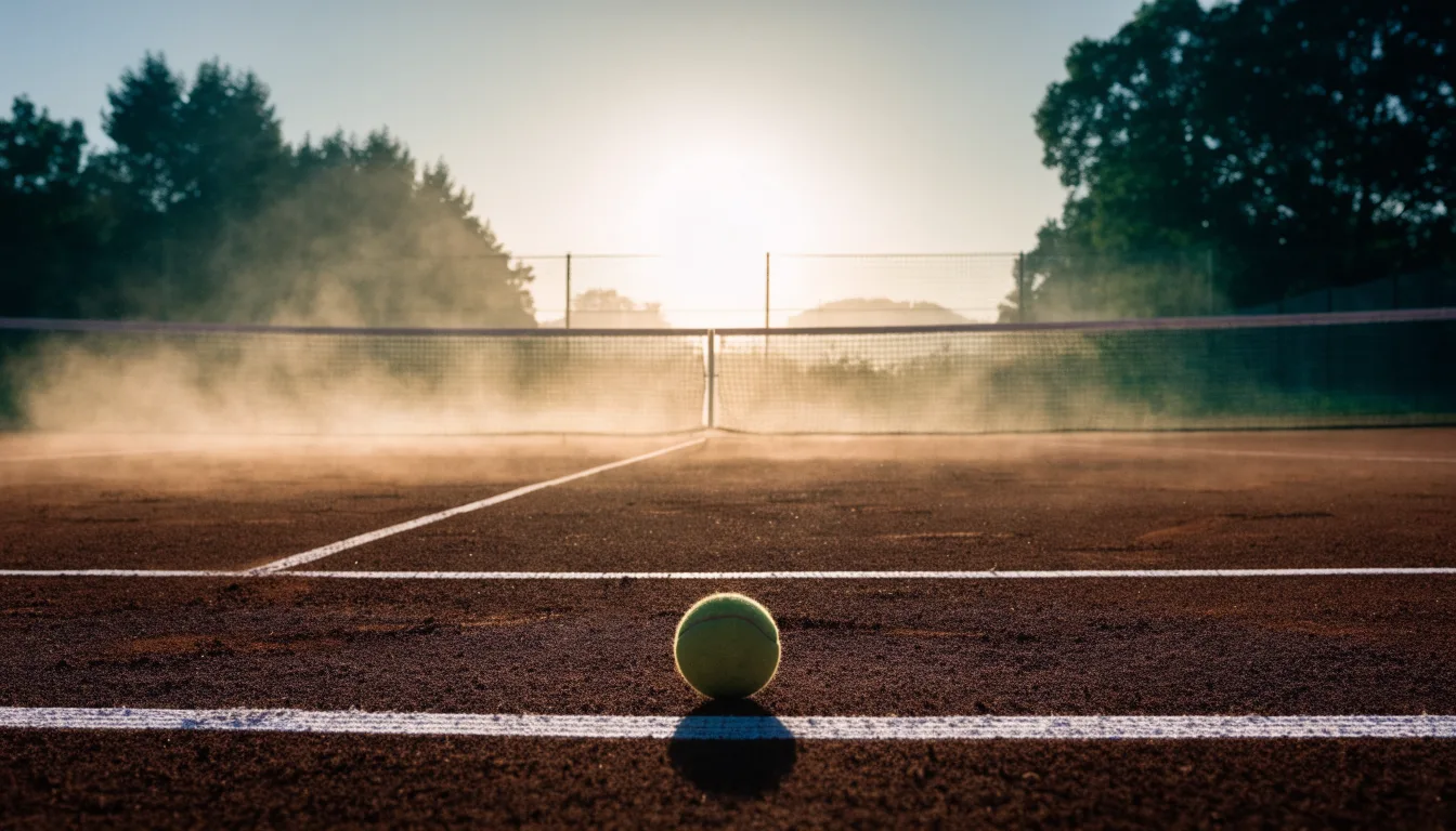 Ein Tennisplatz aus Sand bei Sonnenaufgang, das Netz im Gegenlicht, kein Mensch zu sehen.