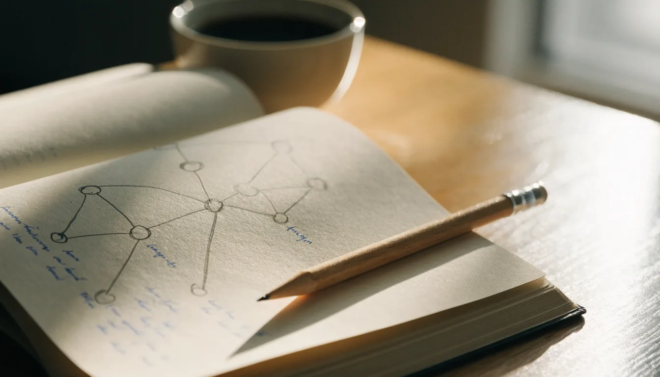 Ein Notizbuch mit handgezeichneten Knoten und Linien liegt neben einem Bleistift auf einem Schreibtisch.