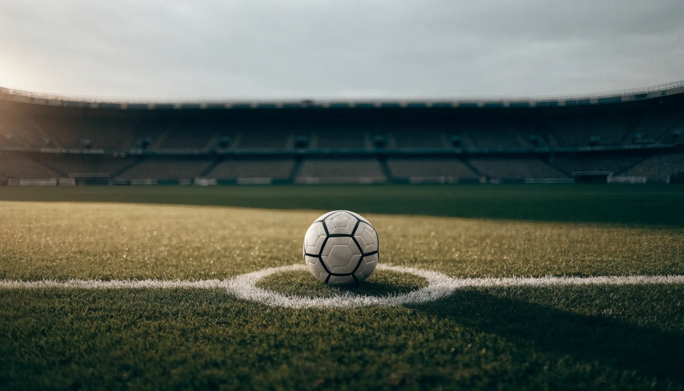 Ein Fußball liegt auf dem Anstoßpunkt eines leeren Rasenplatzes, im Hintergrund eine ruhige Tribüne unter bedecktem Himmel.
