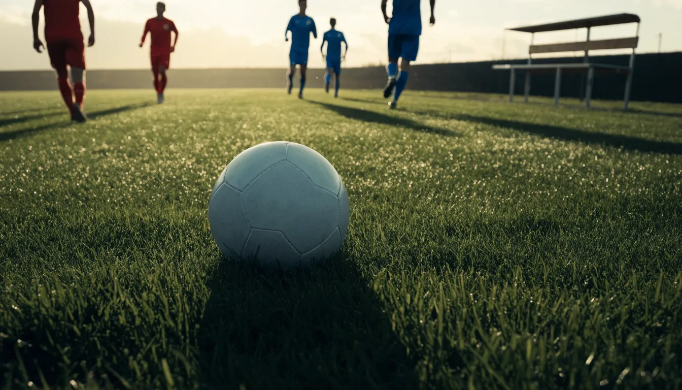 Ein Fußball auf einem Rasenplatz im Gegenlicht der tiefstehenden Sonne, am Spielfeldrand eine leere Ersatzbank.