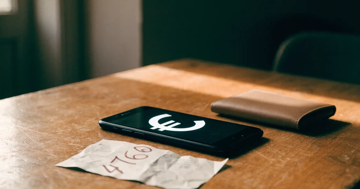 Ein Smartphone mit dunklem Bildschirm liegt neben einer Geldbörse und wenigen Münzen auf einem Holztisch im weichen Fensterlicht.