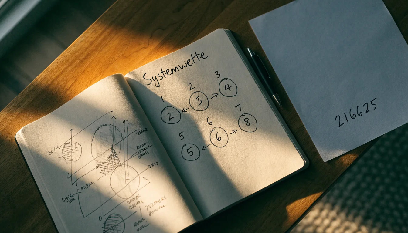 Ein Notizbuch mit handgezeichneten Pfeilen und Kreisen liegt neben einem Kugelschreiber auf einem Schreibtisch im Abendlicht.