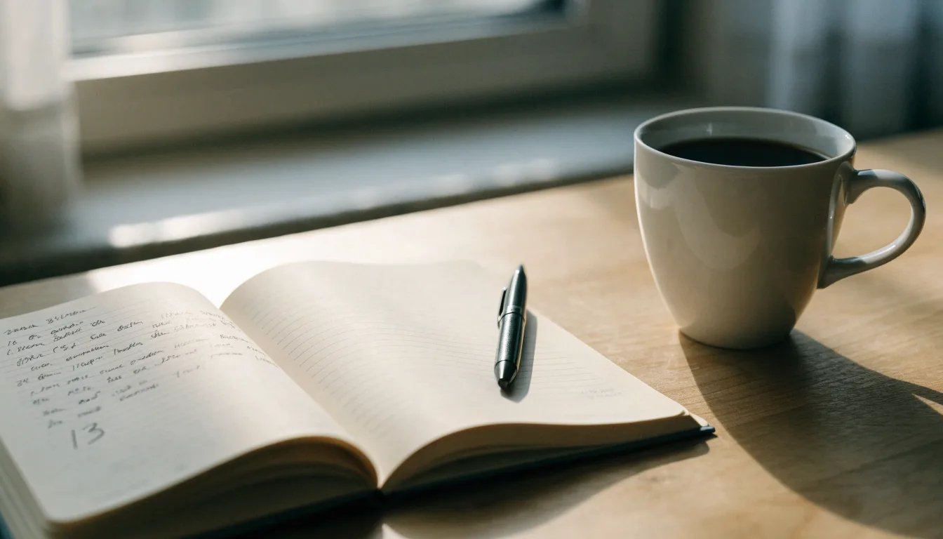 Eine Tasse Kaffee, ein Kugelschreiber und ein aufgeschlagenes leeres Notizbuch auf einem Küchentisch am Fenster.