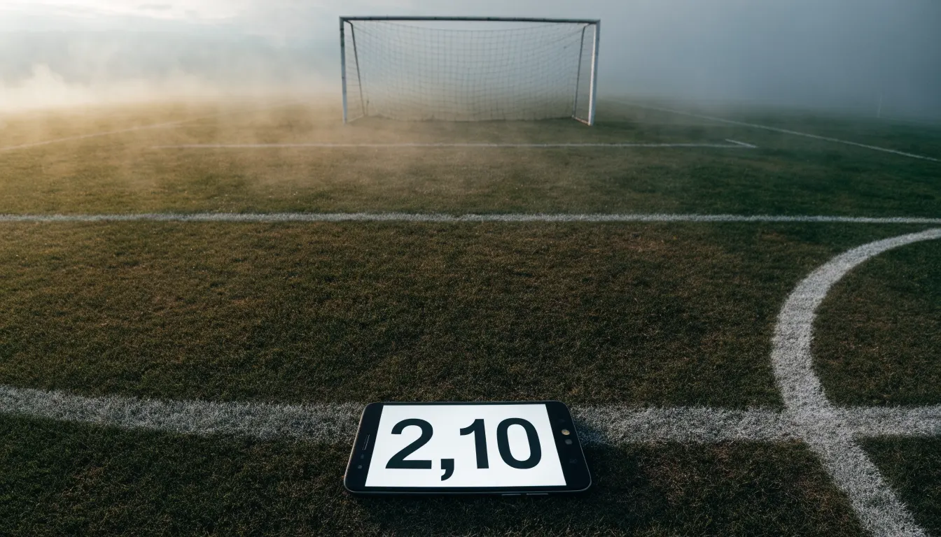 Ein Fußballtor mit Netz im Morgennebel auf einem leeren Platz, die Linien nur schwach zu erkennen.