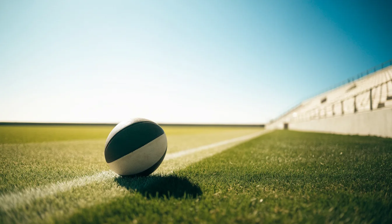 Ein Fußball liegt am Spielfeldrand eines Rasenplatzes, im Hintergrund eine leere Tribüne unter hellem Himmel.