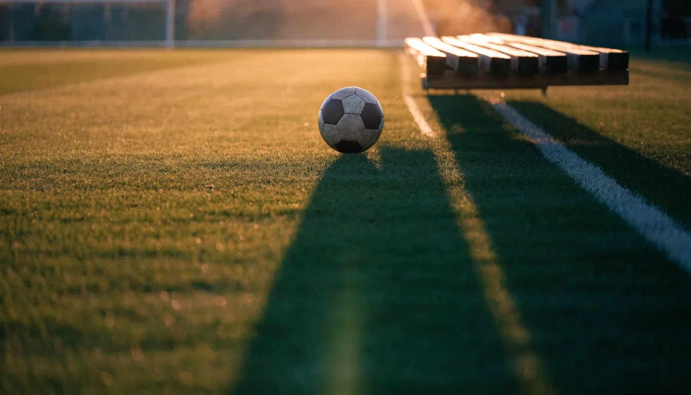 Ein Fußball auf einem Rasenplatz im Gegenlicht der tiefstehenden Sonne, am Rand eine leere Ersatzbank.