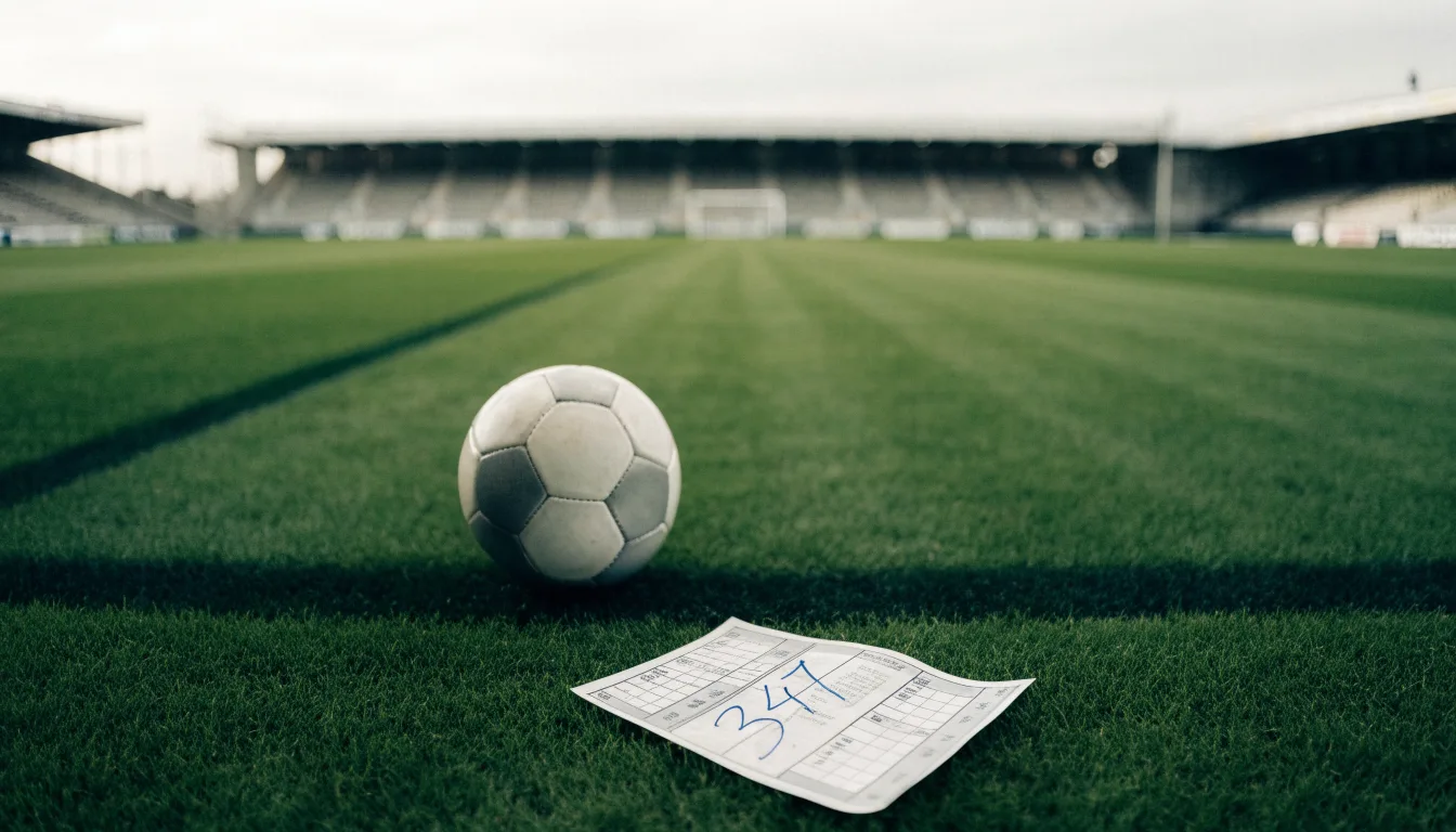 Ein Fußball auf einem Rasen, im Hintergrund ein leeres Stadion bei bewölktem Himmel.