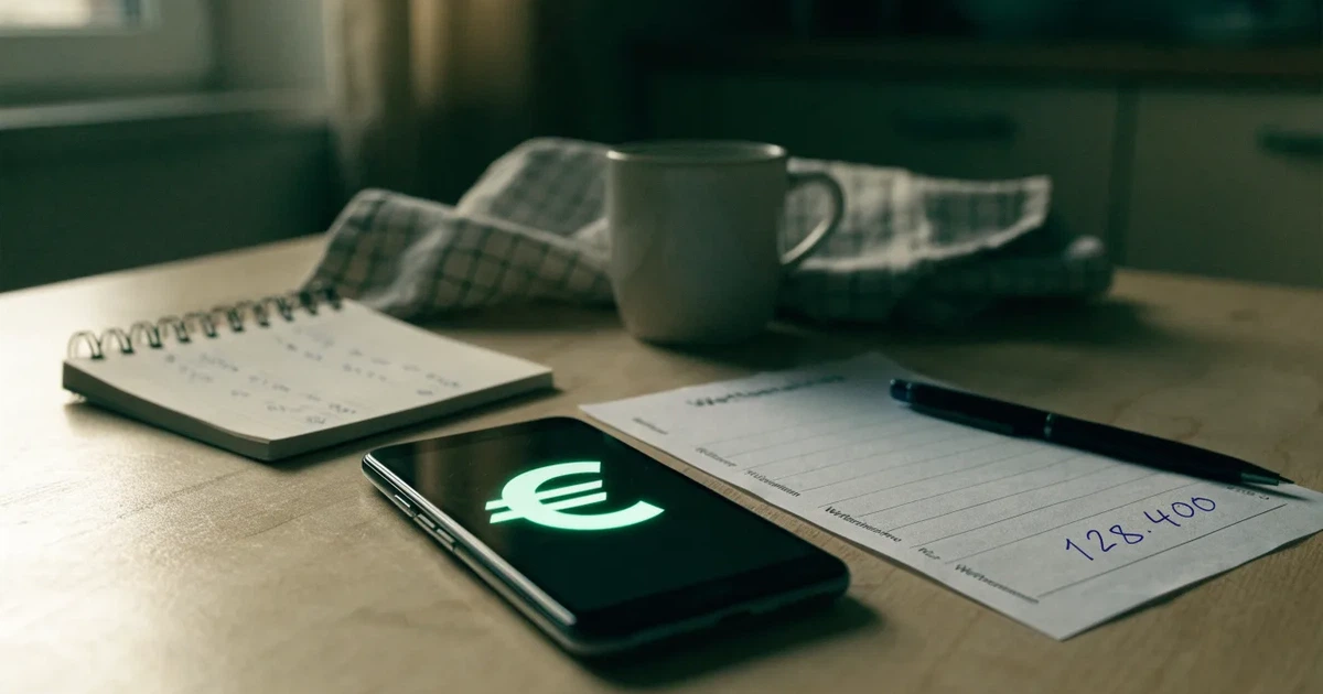 Ein Taschenrechner, ein Stift und ein Smartphone mit dunklem Bildschirm liegen auf einem Küchentisch im Morgenlicht.