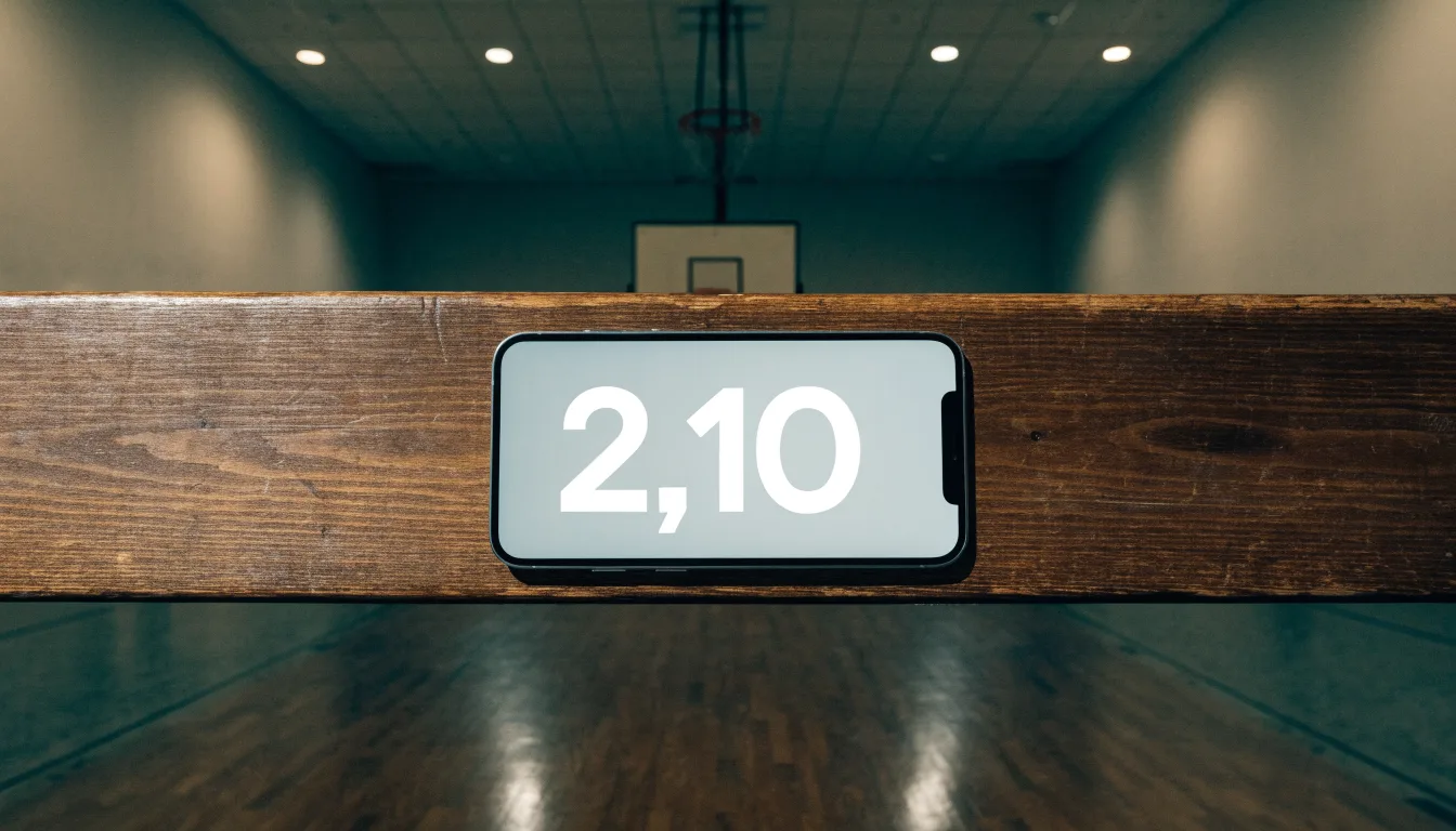 Ein Basketballfeld in einer leeren Halle, das Parkett spiegelt das Deckenlicht.