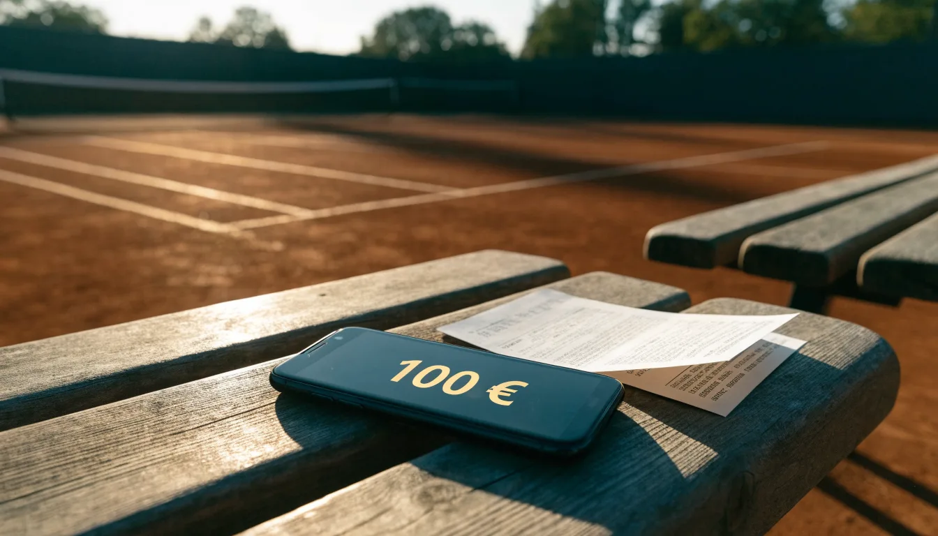 Ein Tennisplatz bei Sonnenaufgang, Netz und Linien im Streiflicht, ohne Menschen.