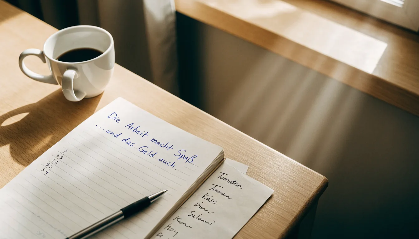 Ein aufgeschlagenes leeres Notizbuch mit Kugelschreiber neben einer Tasse Kaffee auf einem Tisch am Fenster.