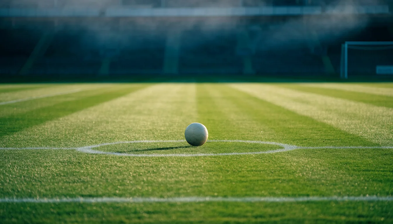 Ein Fußball liegt auf dem Anstoßpunkt eines leeren Rasenplatzes, im Hintergrund hängt Morgendunst über den Tribünen.