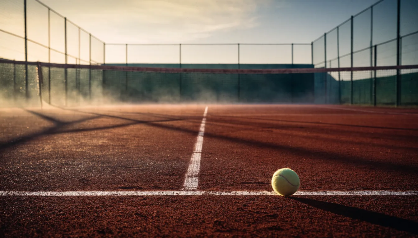 Ein Tennisplatz bei Sonnenaufgang, die Linien noch taufeucht, ein einzelner Ball liegt an der Grundlinie.