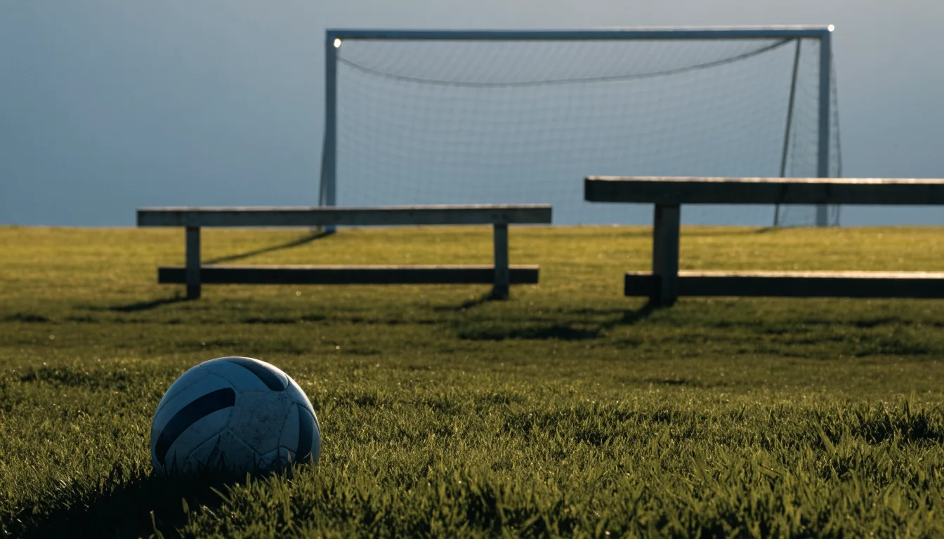 Ein Fußball liegt im Gras am Spielfeldrand, dahinter eine leere Bank und ein Tor im Gegenlicht.
