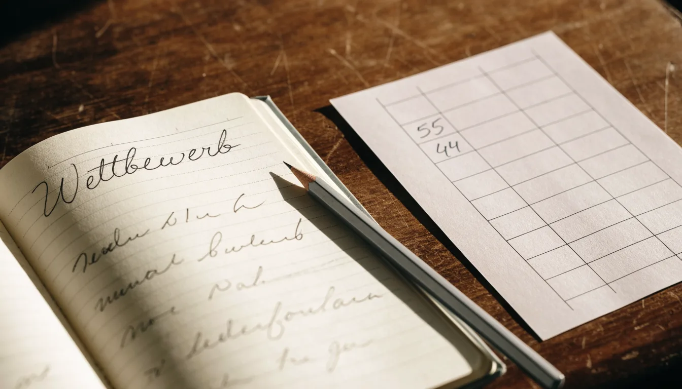 Ein Notizbuch mit handschriftlichen Notizen liegt aufgeschlagen neben einem leeren Papier-Wettschein auf einem Holztisch.