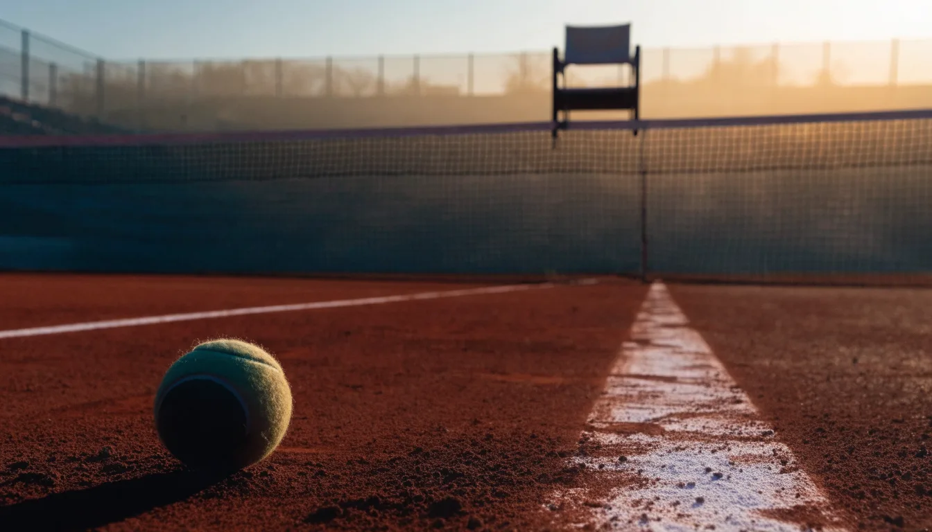Ein Tennisball liegt auf einem roten Sandplatz bei Sonnenaufgang, im Hintergrund ein leerer Schiedsrichterstuhl.