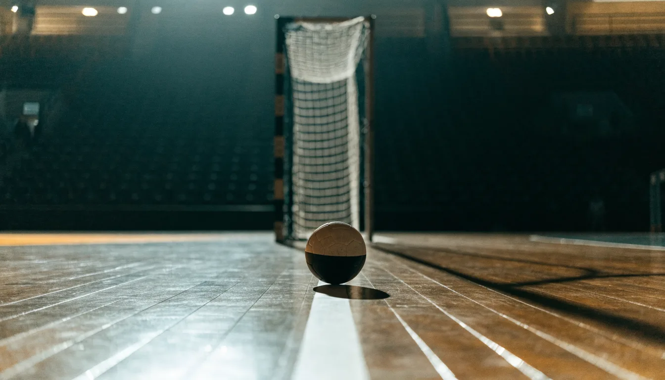 Ein Handball liegt in einer leeren Halle auf dem Boden vor dem Tor.
