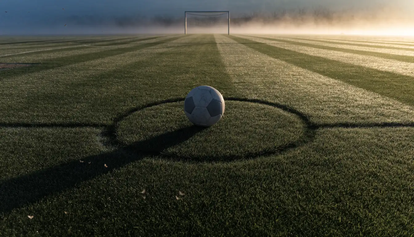 Ein Fußball liegt auf dem Anstoßkreis eines leeren Rasenplatzes im frühen Morgenlicht.