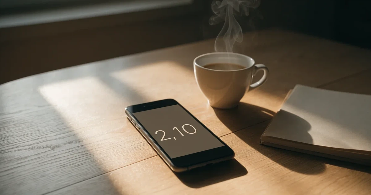 Ein Smartphone mit dunklem Display liegt neben einer Kaffeetasse und einem Notizbuch auf einem Küchentisch.
