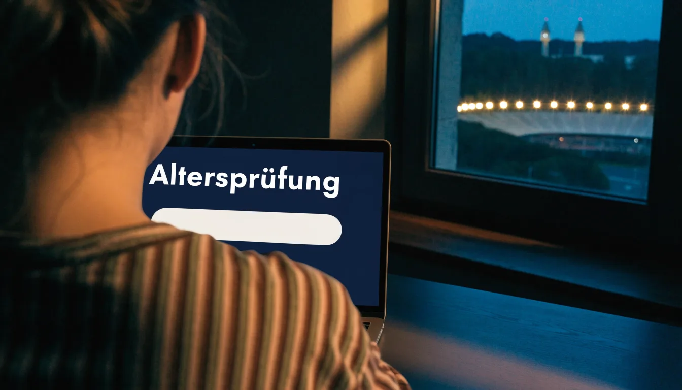 Ein Stadion unter Flutlicht aus großer Entfernung, davor die Silhouetten von Bäumen im Abendhimmel.