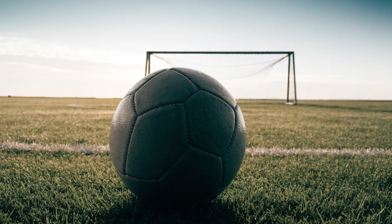 Ein Fußball auf dem Rasen vor einem leeren Tor im frühen Morgenlicht.