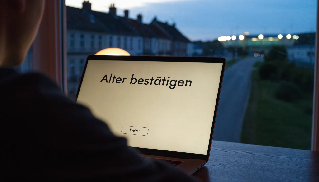 Ein Stadion aus der Ferne bei Flutlicht, davor eine ruhige Straße in der Abenddämmerung.