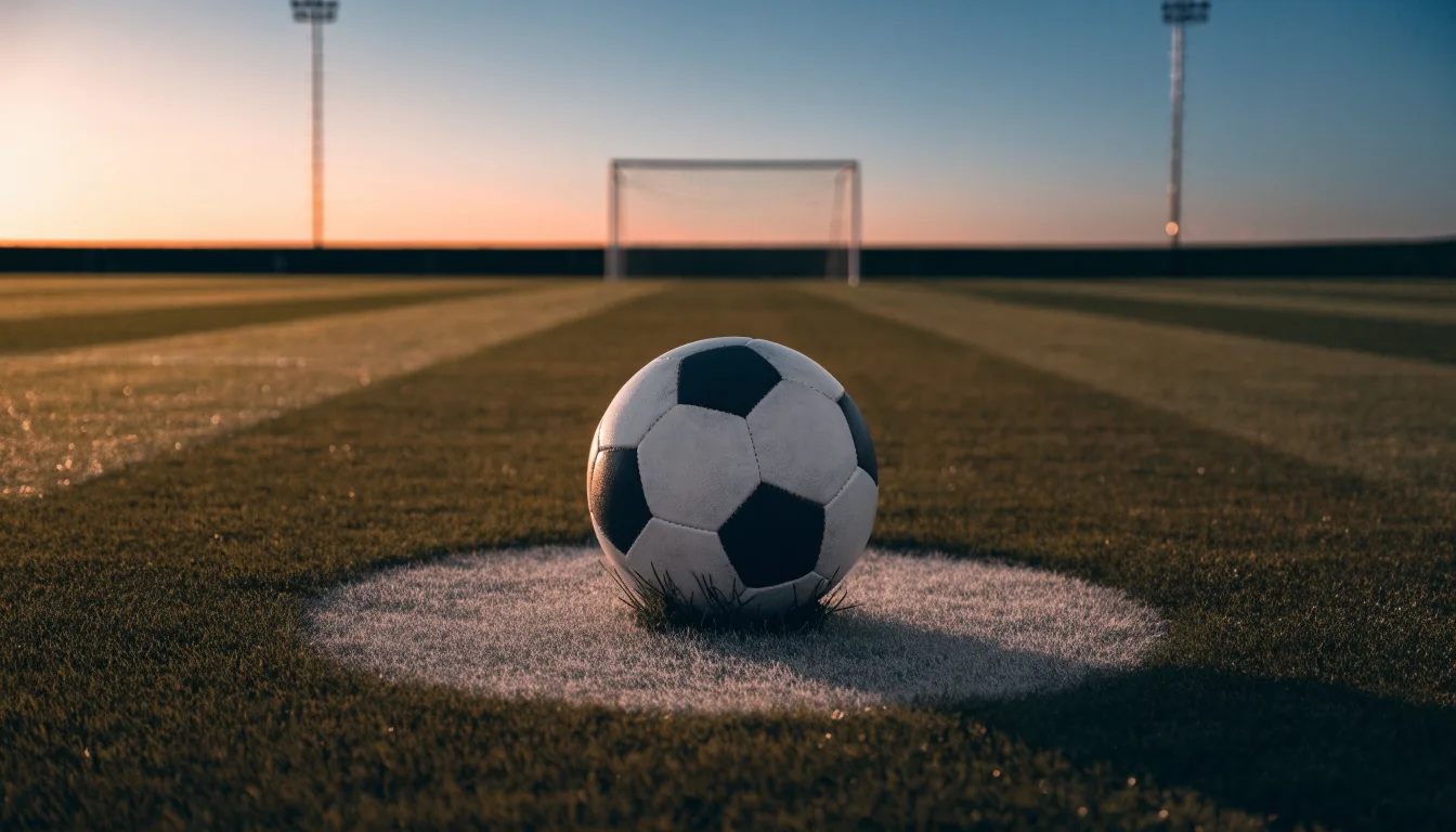 Ein Fußball liegt in der Mitte eines leeren Rasenplatzes, am Horizont färbt sich der Himmel orange.