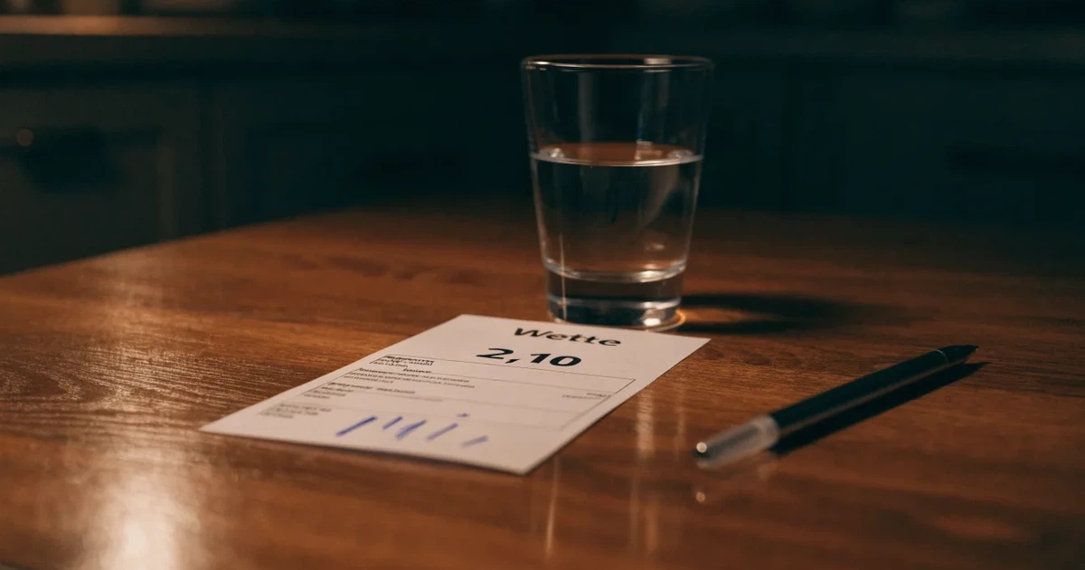 Ein leerer Papier-Wettschein liegt zusammen mit einem Kugelschreiber auf einem Tisch, daneben ein Glas Wasser.