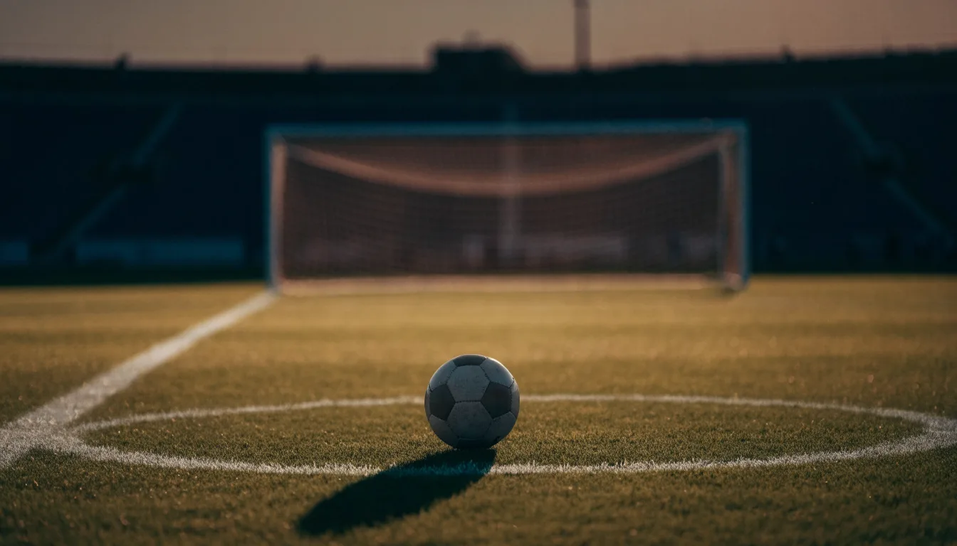 Ein Fußball liegt auf dem Elfmeterpunkt eines leeren Platzes im Abendlicht.