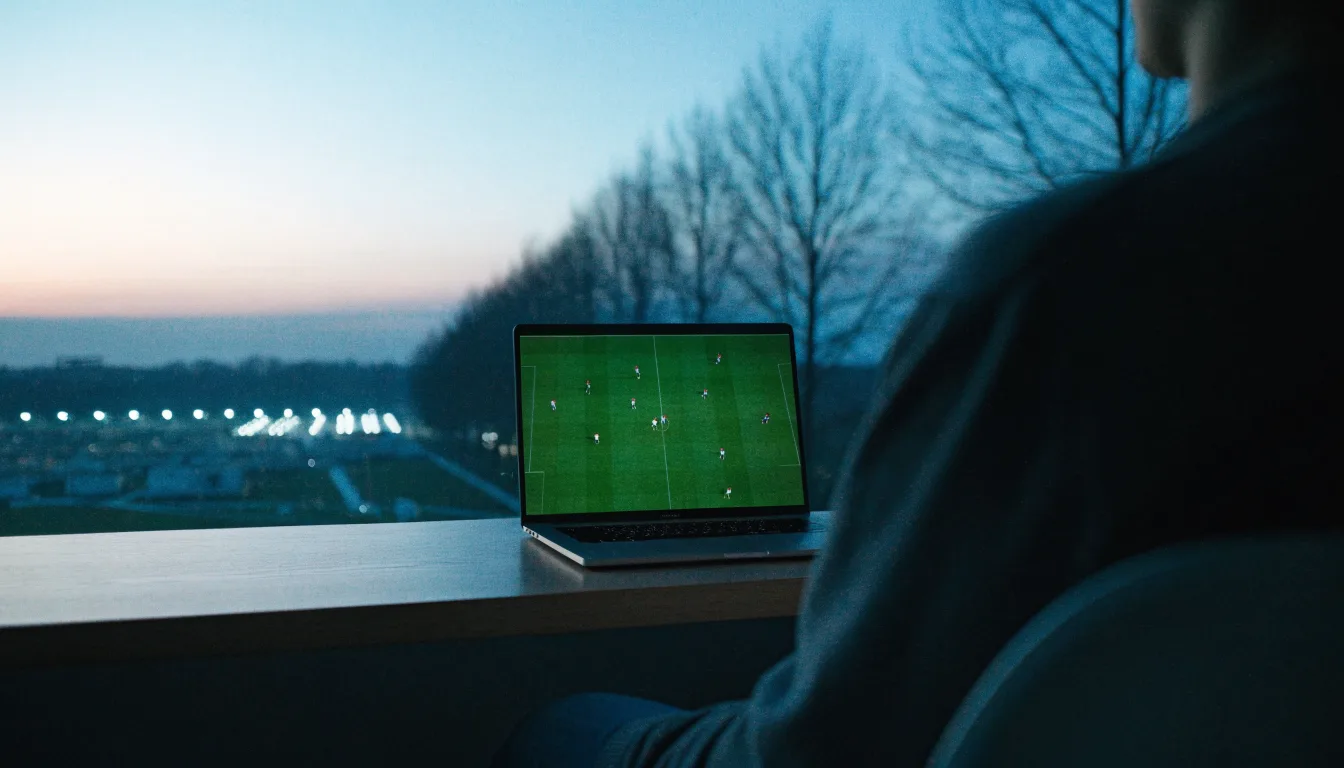 Ein Stadion unter Flutlicht, aus großer Entfernung gesehen, davor eine Reihe kahler Bäume im Dämmerlicht.