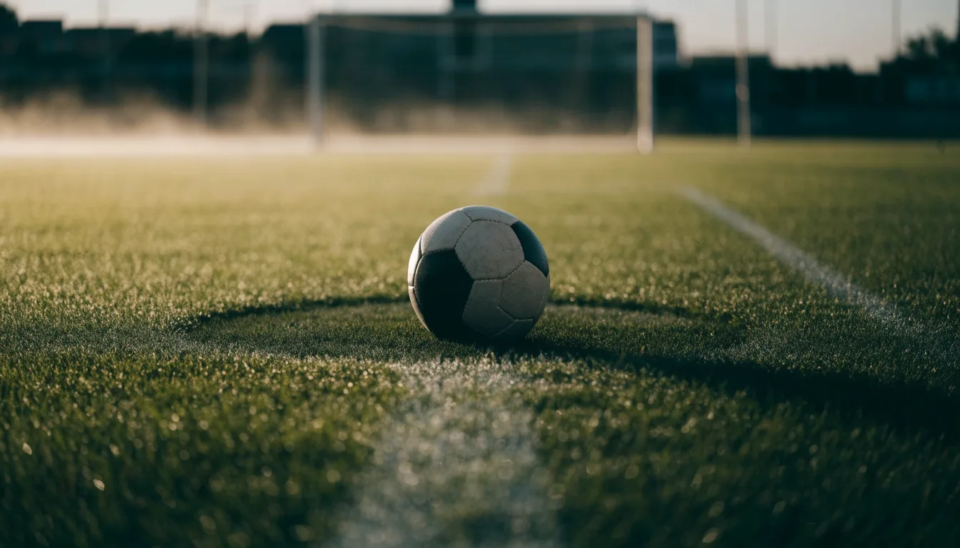 Ein Fußball auf dem Mittelkreis eines leeren Rasenplatzes im frühen Morgenlicht.