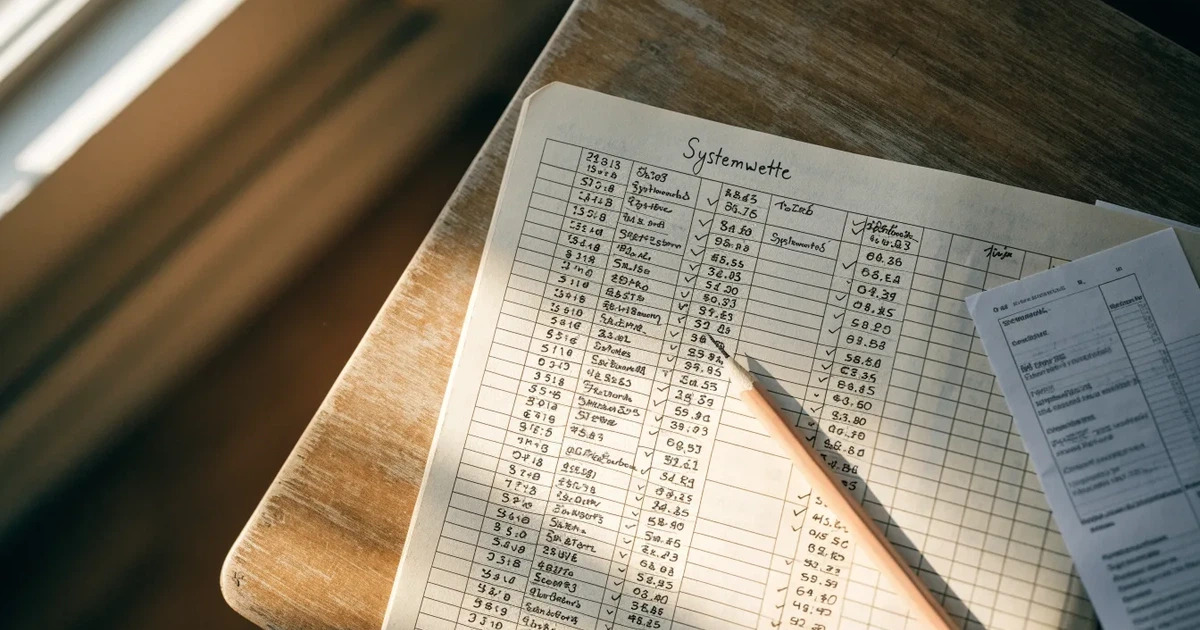 Ein Notizbuch mit handschriftlichen Zahlenreihen und Kästchen liegt neben einem Taschenrechner und einem Bleistift auf einem Schreibtisch.
