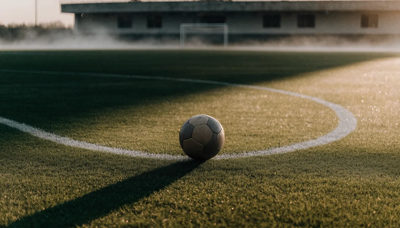 Ein Fußball liegt am Rand des Mittelkreises auf einem leeren Rasenplatz bei Sonnenaufgang.