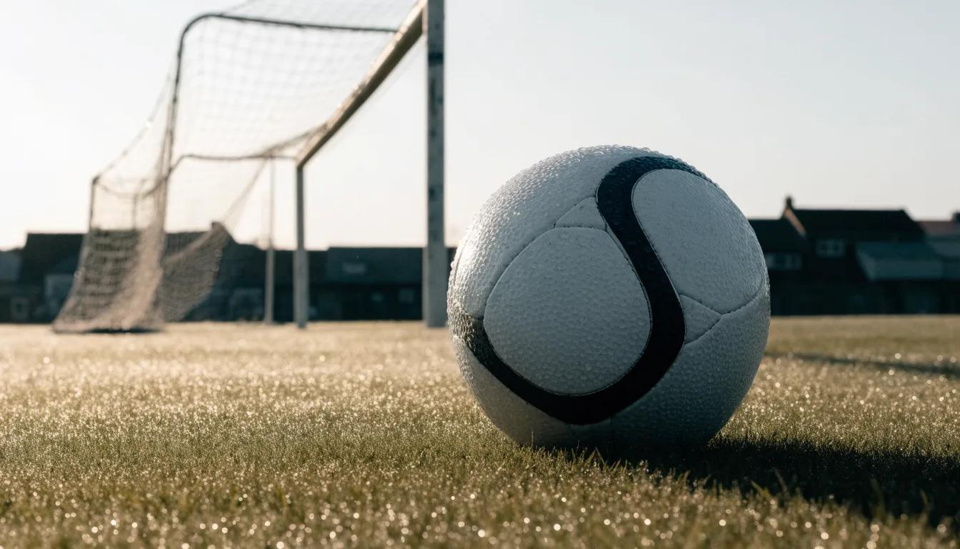 Ein Fußball auf dem Rasen eines leeren Sportplatzes am Rand einer Kleinstadt im Morgenlicht.