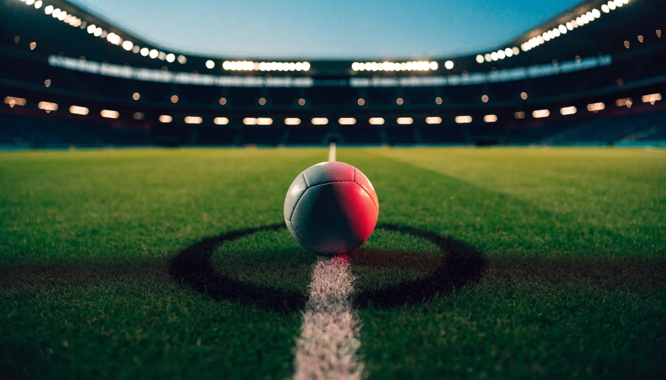 Ein Fußball liegt auf dem Anstoßpunkt eines leeren Rasenplatzes, im Hintergrund ein Stadion unter Flutlicht in der Abenddämmerung.