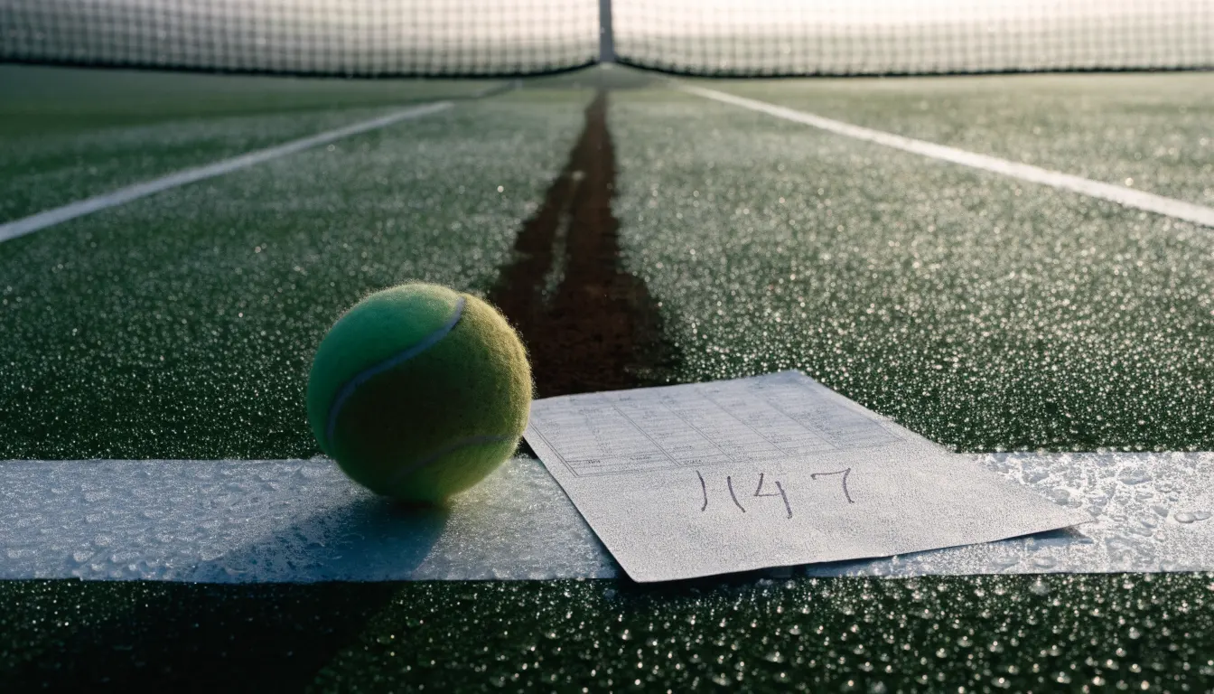 Ein Tennisplatz im Morgengrauen, das Netz und die Linien liegen im Tau, im Hintergrund leichter Nebel und kein Mensch zu sehen.