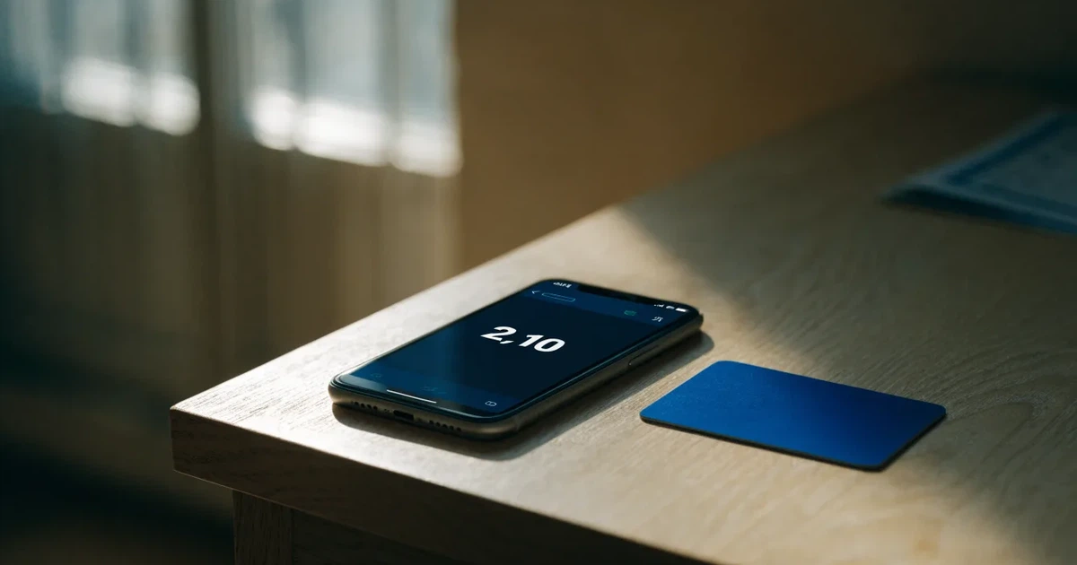 Ein Smartphone mit dunklem Display liegt neben einer schlichten Plastikkarte ohne Aufdruck auf einem hellen Schreibtisch.