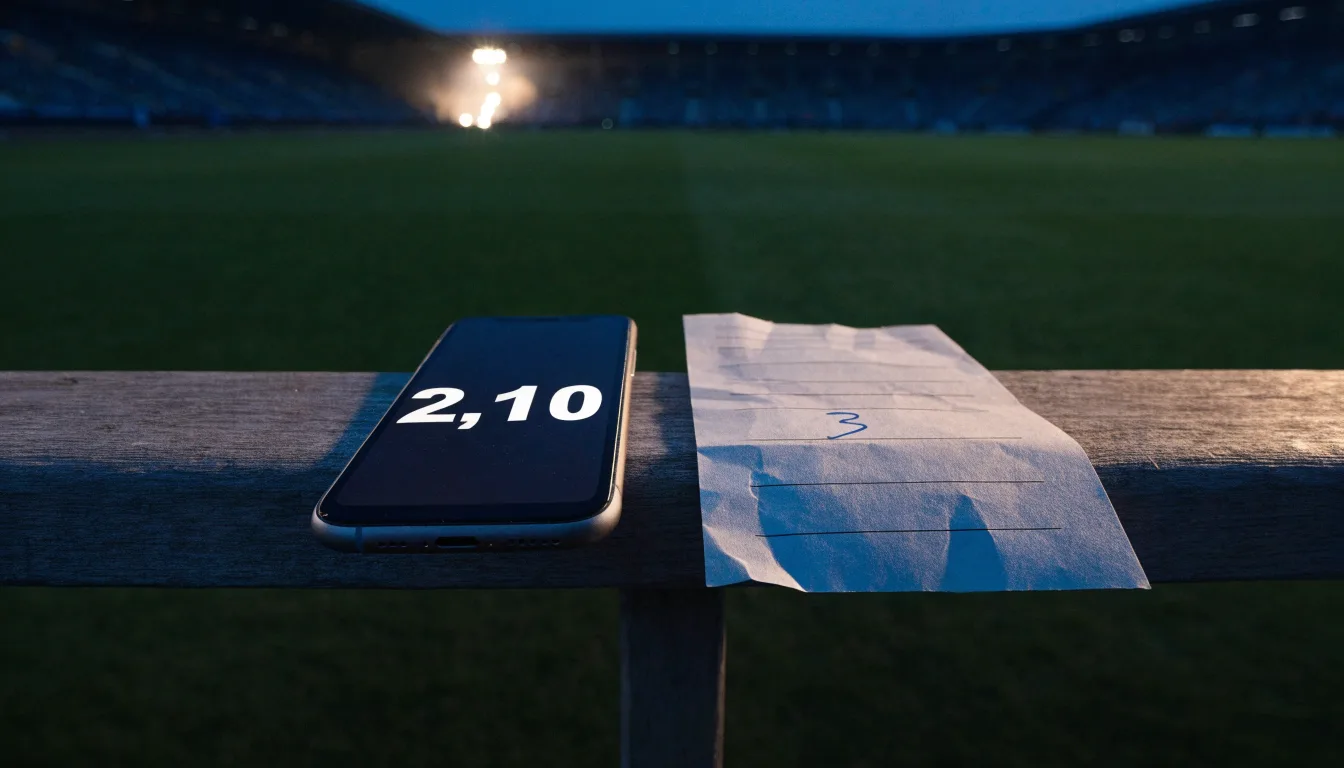 Ein Stadion unter Flutlicht, aus großer Entfernung über eine dunkle Wiese fotografiert, am Himmel zieht Nebel auf.