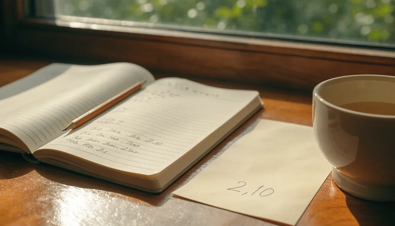 Ein Notizbuch mit handschriftlichen Notizen und ein Bleistift liegen auf einem Schreibtisch am Fenster, draußen fällt Morgenlicht herein.