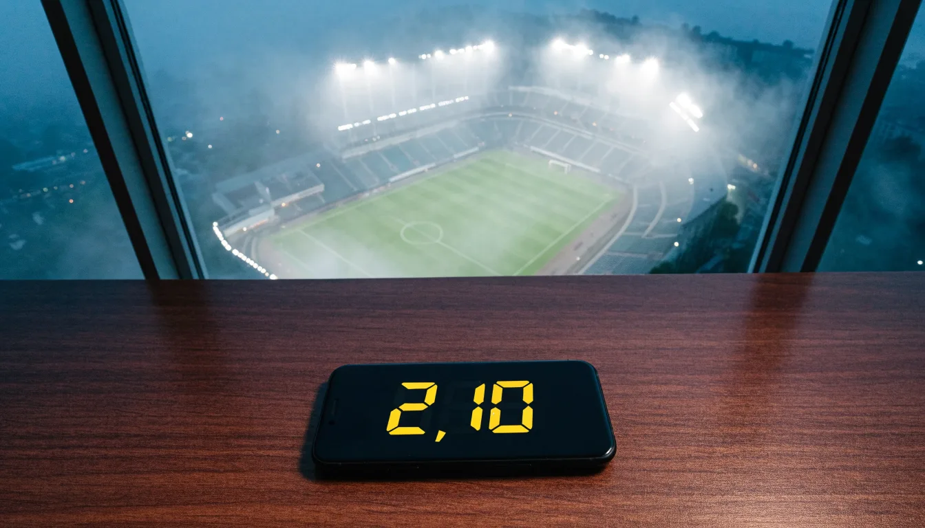 Ein Stadion unter Flutlicht, aus großer Entfernung über eine dunkle Wiese fotografiert, am Himmel zieht Nebel auf.