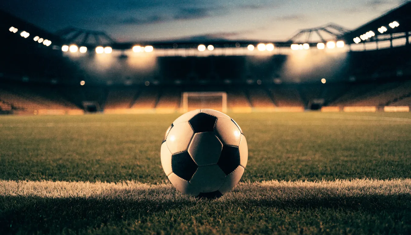 Ein Fußball liegt auf dem Anstoßpunkt eines leeren Rasenplatzes, im Hintergrund steht ein Stadion unter Flutlicht in der Dämmerung.