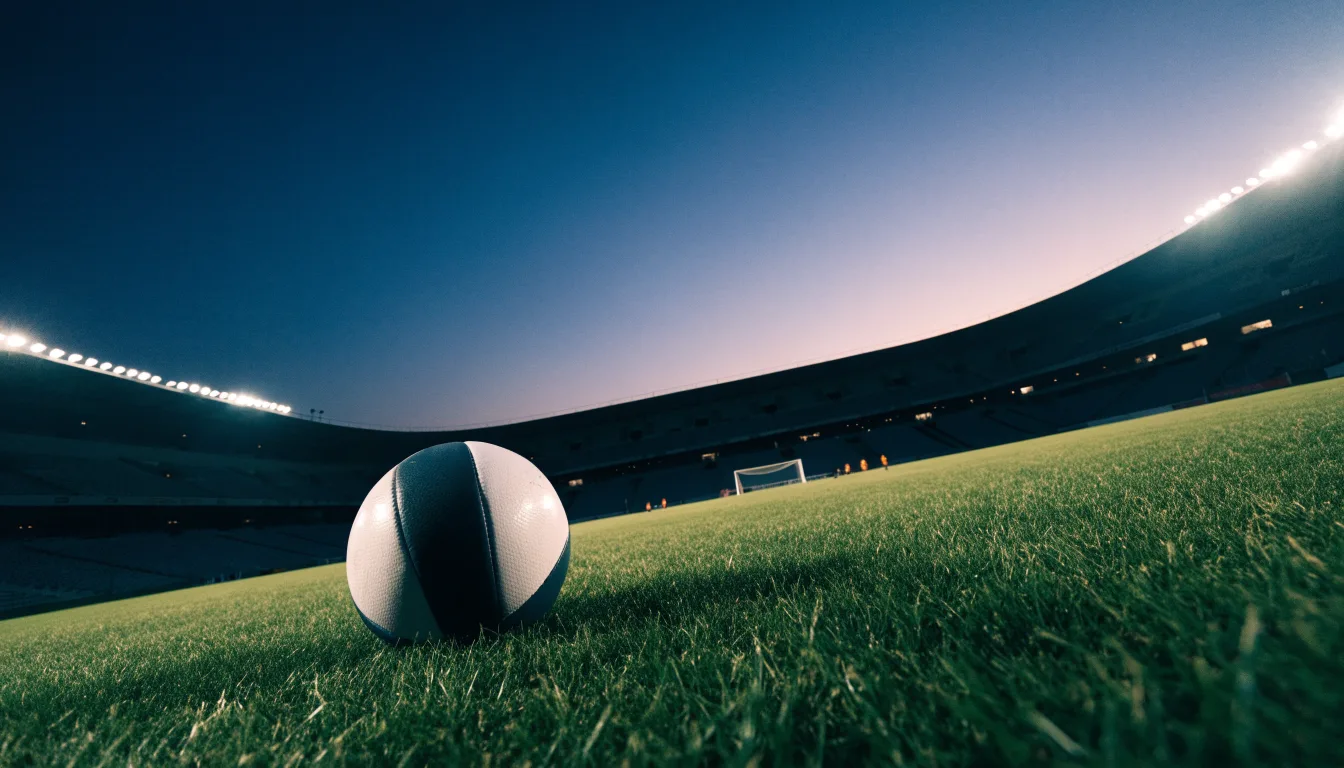 Ein Fußball liegt auf dem Rasen eines leeren Platzes, im Hintergrund ein Stadion unter Flutlicht in der Abenddämmerung.