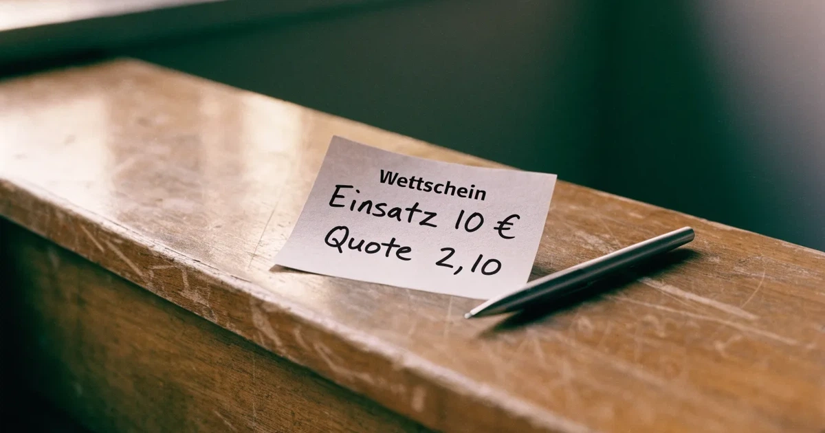 Ein leerer Wettschein aus Papier liegt neben einem Stift auf einer hölzernen Theke, weiches Licht fällt von der Seite ein.