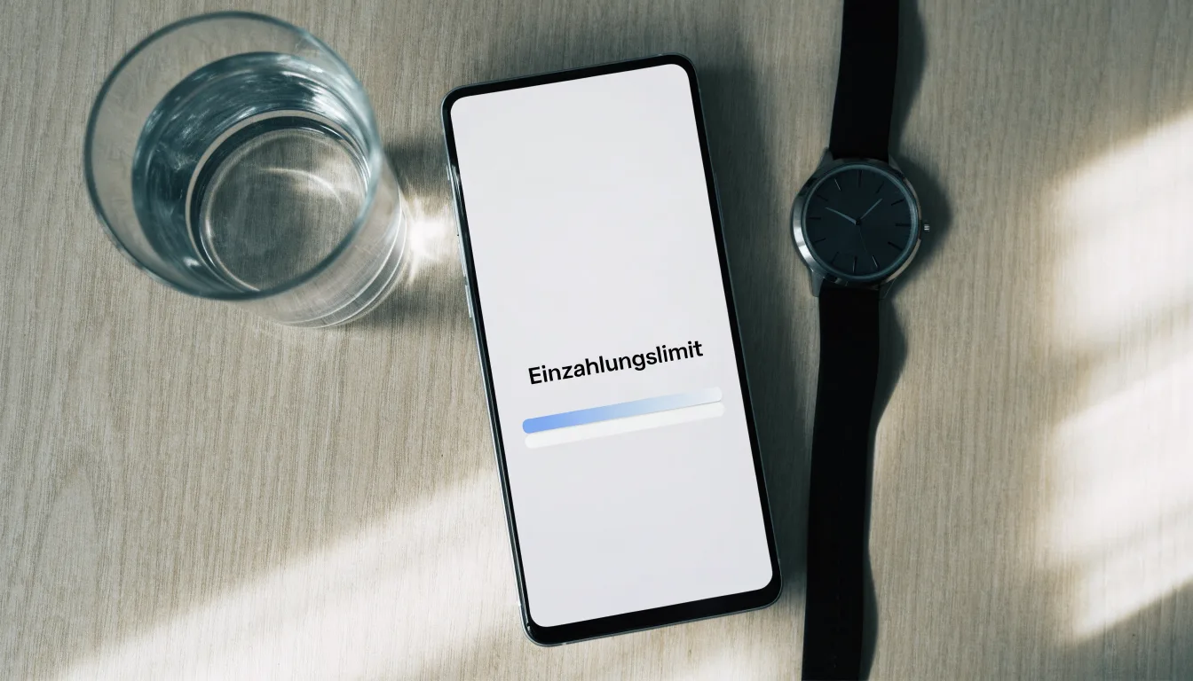 Ein Smartphone liegt mit dem Display nach unten auf einem Küchentisch, daneben stehen ein Glas Wasser und eine Armbanduhr.