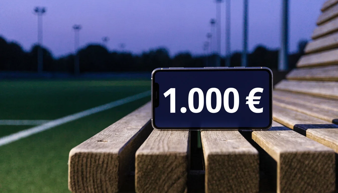 Eine leere Parkbank am Rand eines Fußballfelds in der Abenddämmerung, im Hintergrund ragen dunkle Flutlichtmasten in den Himmel.