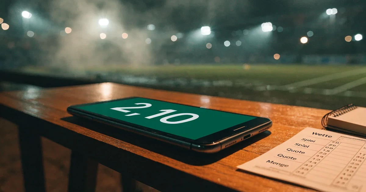 Ein Stadion unter Flutlicht, aus großer Entfernung über eine dunkle Wiese fotografiert, am Himmel zieht Nebel auf.
