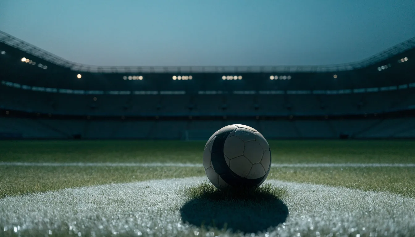 Ein Fußball liegt auf dem Anstoßpunkt eines leeren Rasenplatzes, im Hintergrund steht ein Stadion unter Flutlicht in der Dämmerung.