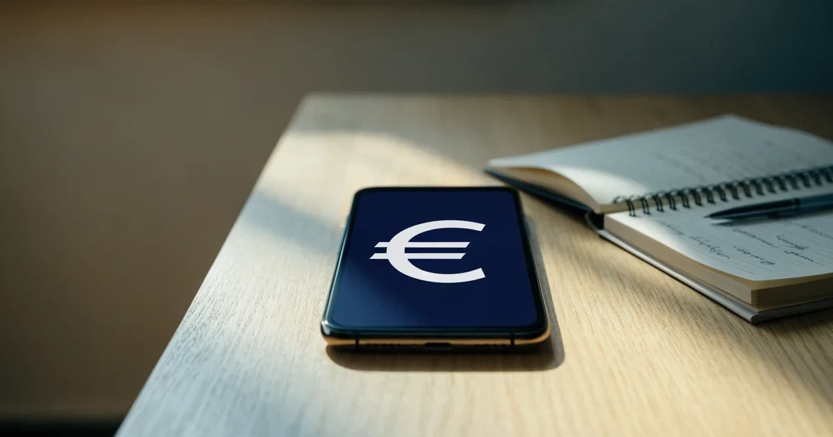 Ein Smartphone liegt neben einem Notizbuch und einem Kugelschreiber auf einem hellen Schreibtisch, das Display ist ausgeschaltet.
